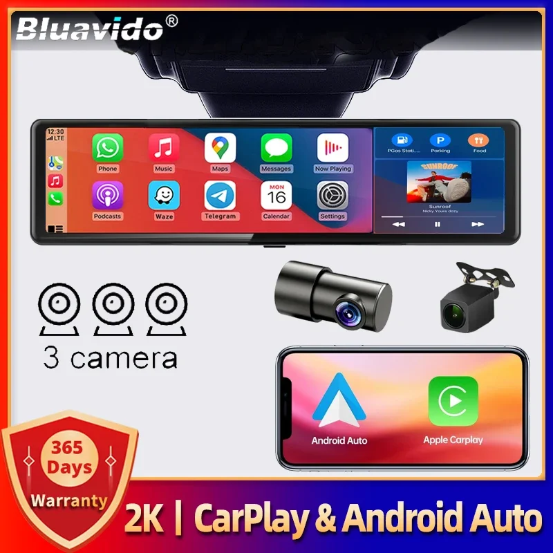 Caméra de tableau de bord GPS sans fil avec Apple Carplay et Android, caméra de recul à commande vocale automatique, vision nocturne IR, 4K UHD,