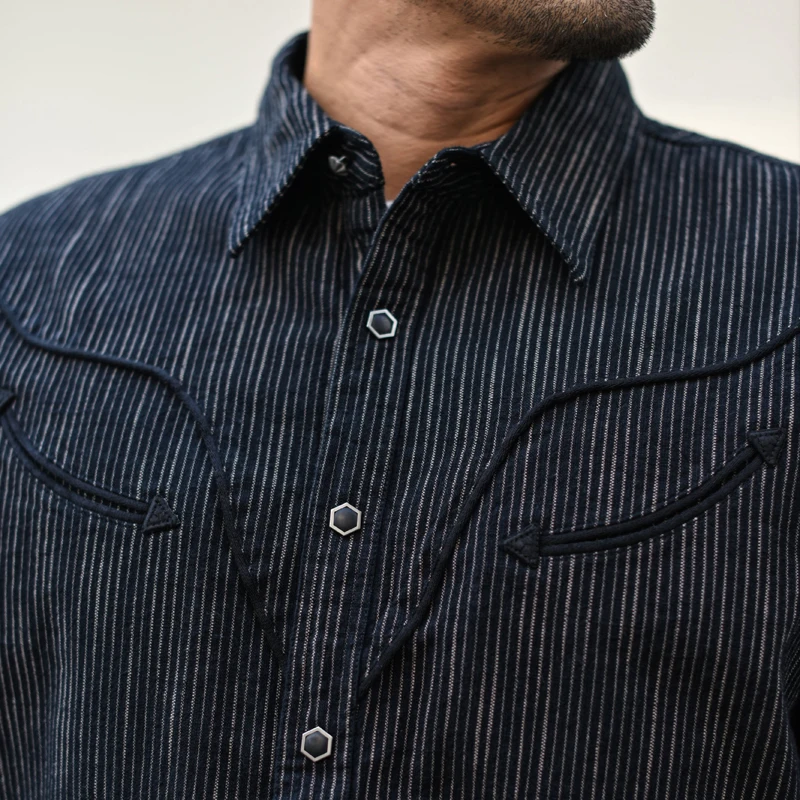 Sauce Zhan Men's Shirts Black Stripe Western Work Shirt Long Sleeve for Autumn Loose Fit