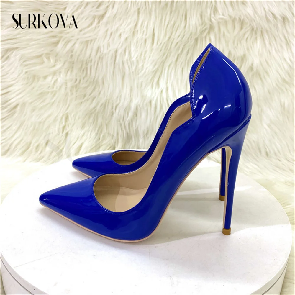 

Blue Patent Glossy High Heels Pumps for Women Wave Shallow Slip-On Fashion Stilettos Shoes Feminine Heels Women Dress Shoes New