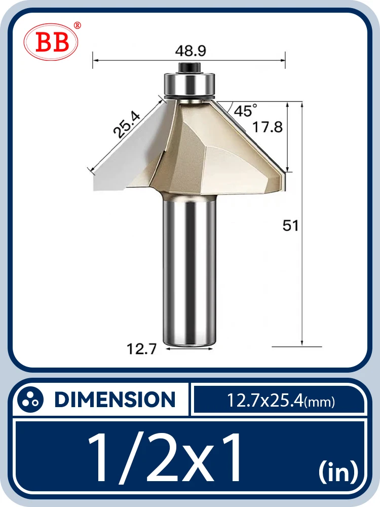 BB-Kegelfräser, Fasenfräser, Lager, 45-Grad-Nut, bündiges Trimmen, konisches DIY-Holzfräswerkzeug, 1/2 1/4 Pferdease