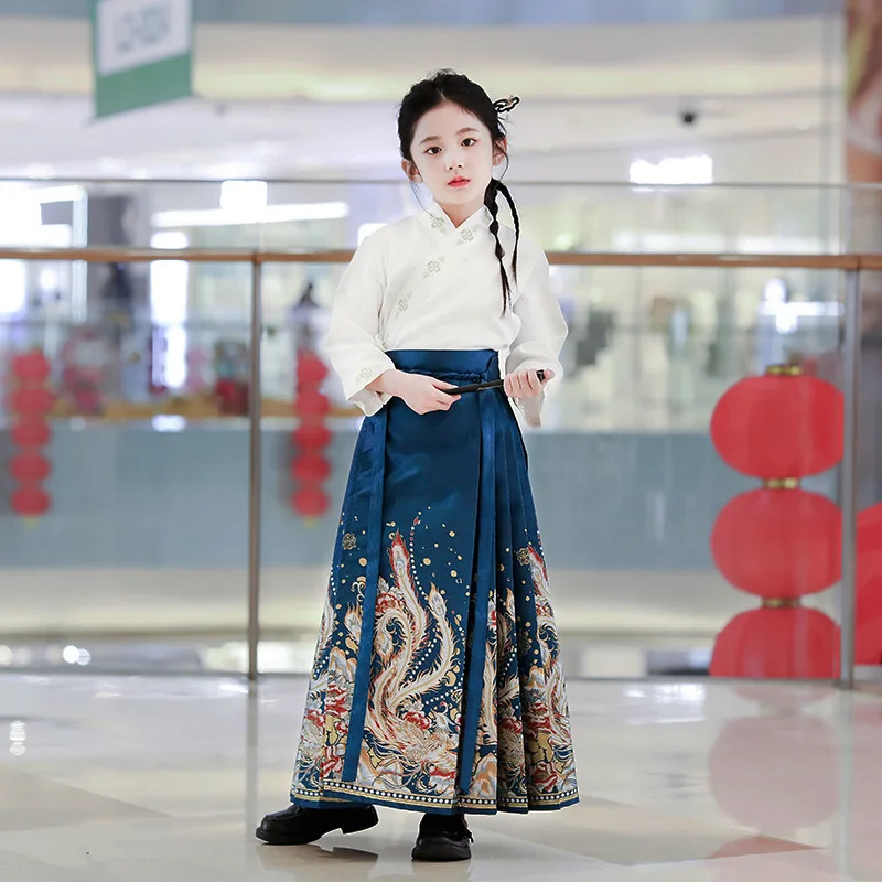 2024 Chinese Style Kids Skirt Girls Daily Children Hanfu Ancient Horse Face Skirt For Baby Girl Summer Thin Child Skirt Suit