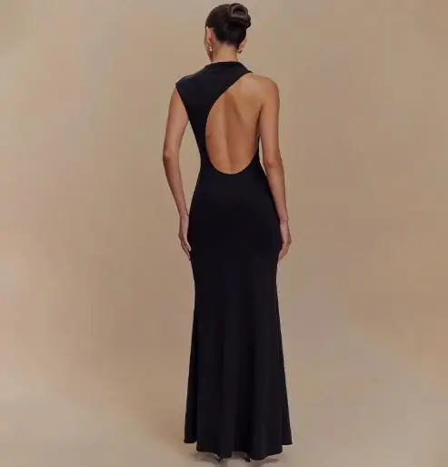 Verão feminino elegante, elegante, de alta qualidade textura sem costas cintura pacote hip vestido cor sólida inclinação pescoço vestido de emagrecimento