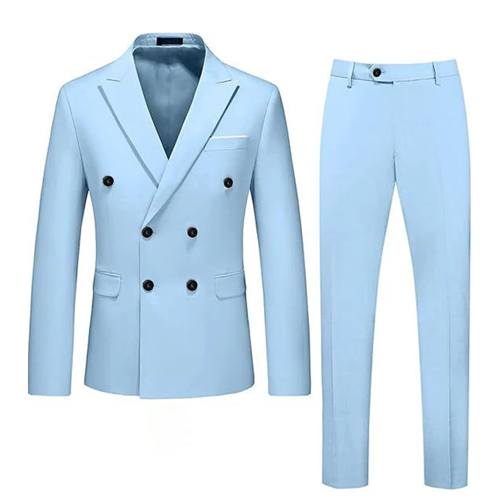 Double Breasted Men Suits Peak Lapel Sky Blue Flat Front Regular Length 2 Piece Jacket Pants Set Prom Party Costume Homme Blazer