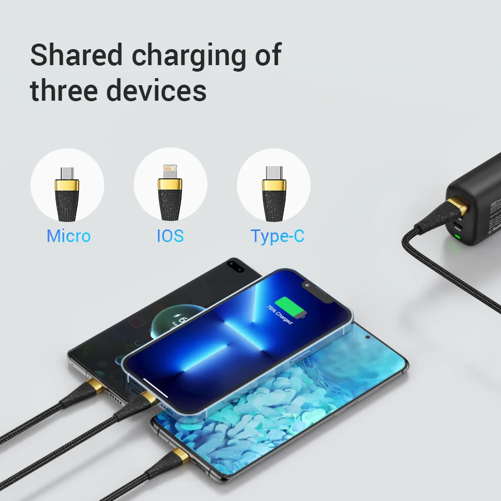 3 в 1 Кабель для быстрой зарядки USB Type C Micro Портативный 6A 100 Вт Несколько USB-кабелей для зарядки IPhone14 13 Pro Samsung Xiaomi Huawei