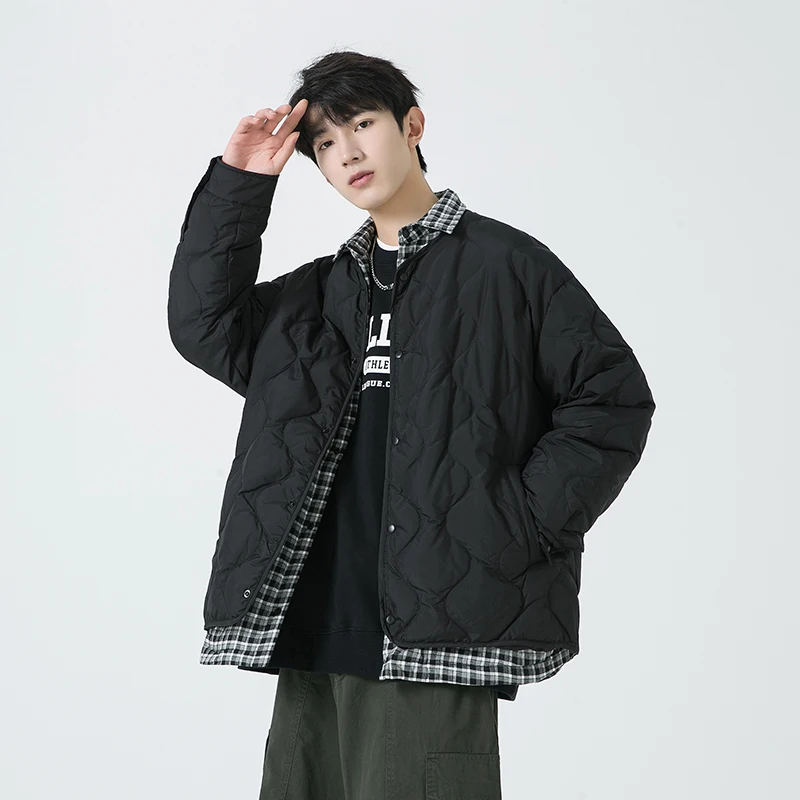 Men Down Jacket Lattice Turndown Collar Outdoor Riding Warm Puffer Jacket Leisure Streetwear Windproof Winter Coat