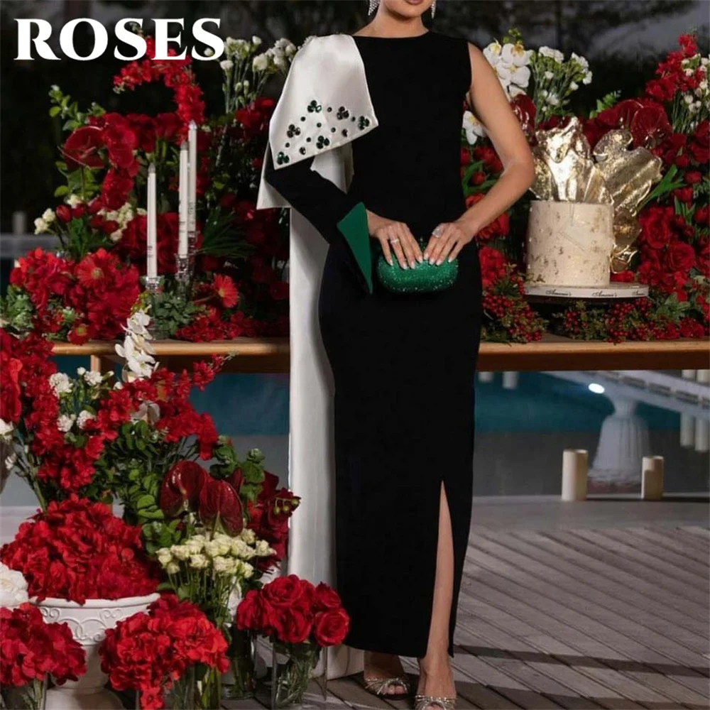 

ROSES Black Saudi Arabia Special Occasion Dress Stain O-Neck Formal Gown Split Pleats Sequins Evening Dress for Woman Customized