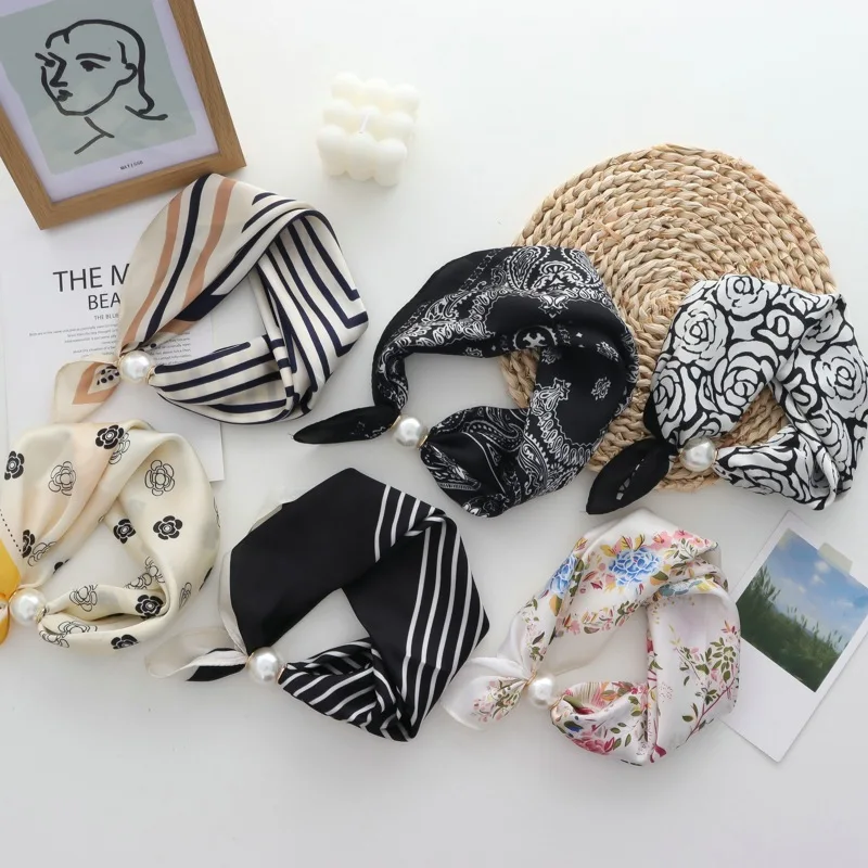 2025 New Fashion Magnetic Buckle Pearl Necklace Narrow Long Silk Scarf for Women Neck Protection Scarf Matching Shirt Thin Scarf