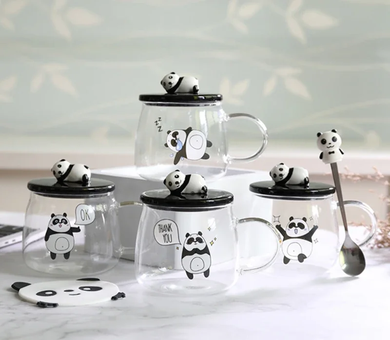 500ml Creative Heat-resistant glass mug with lid borosilicate glass cartoon panda mug milk breakfast coffee cup home