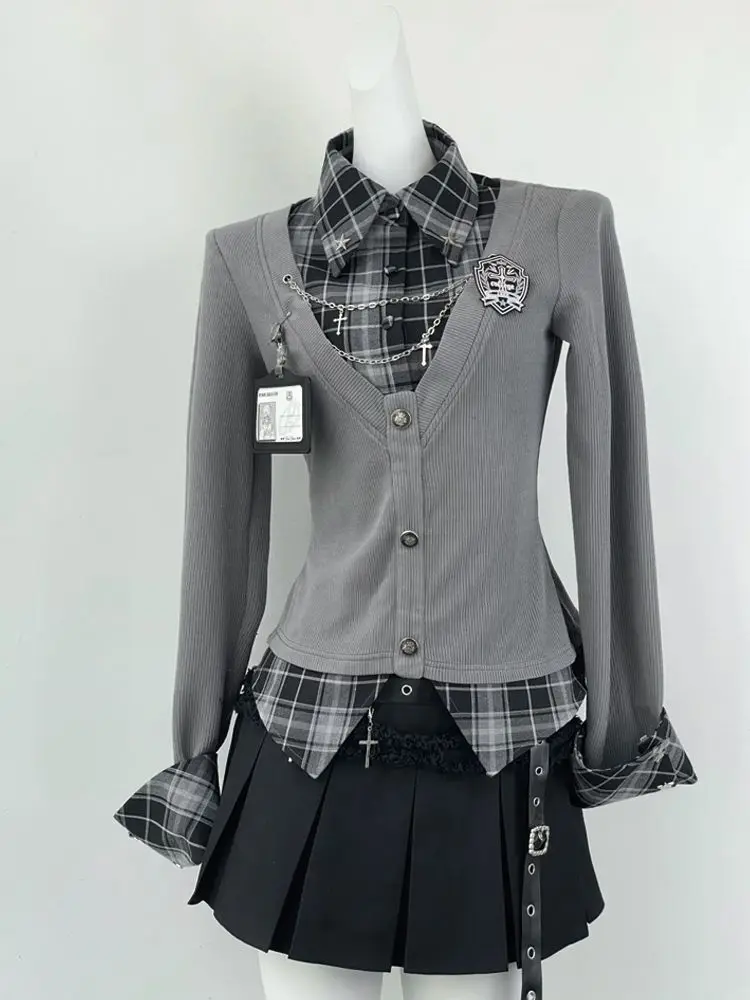 

Корейский винтажный комплект из 2 предметов с юбкой, женский клетчатый лоскутный топ с двумя топами + мини-юбка с дизайном Y2k, модные наряды в консервативном стиле, 2025 г.