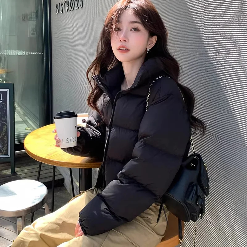 Chaqueta acolchada de algodón y pan de invierno para mujer, chaqueta acolchada minimalista con cremallera y cuello levantado Retro, versión coreana gruesa para niña