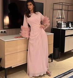Customized Chiffon Prom Dresses Flare Long Sleeves Evening Dresses Ruffles Ankle-length Arabia Party Gown فساتين Vestido