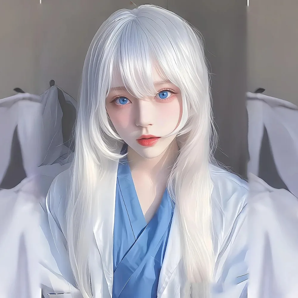 

White Curd Ice Cos Fake Hair Female Cold Feeling Pure White Long Straight Hair Original Embryo Straight Bangs Whole Headgear