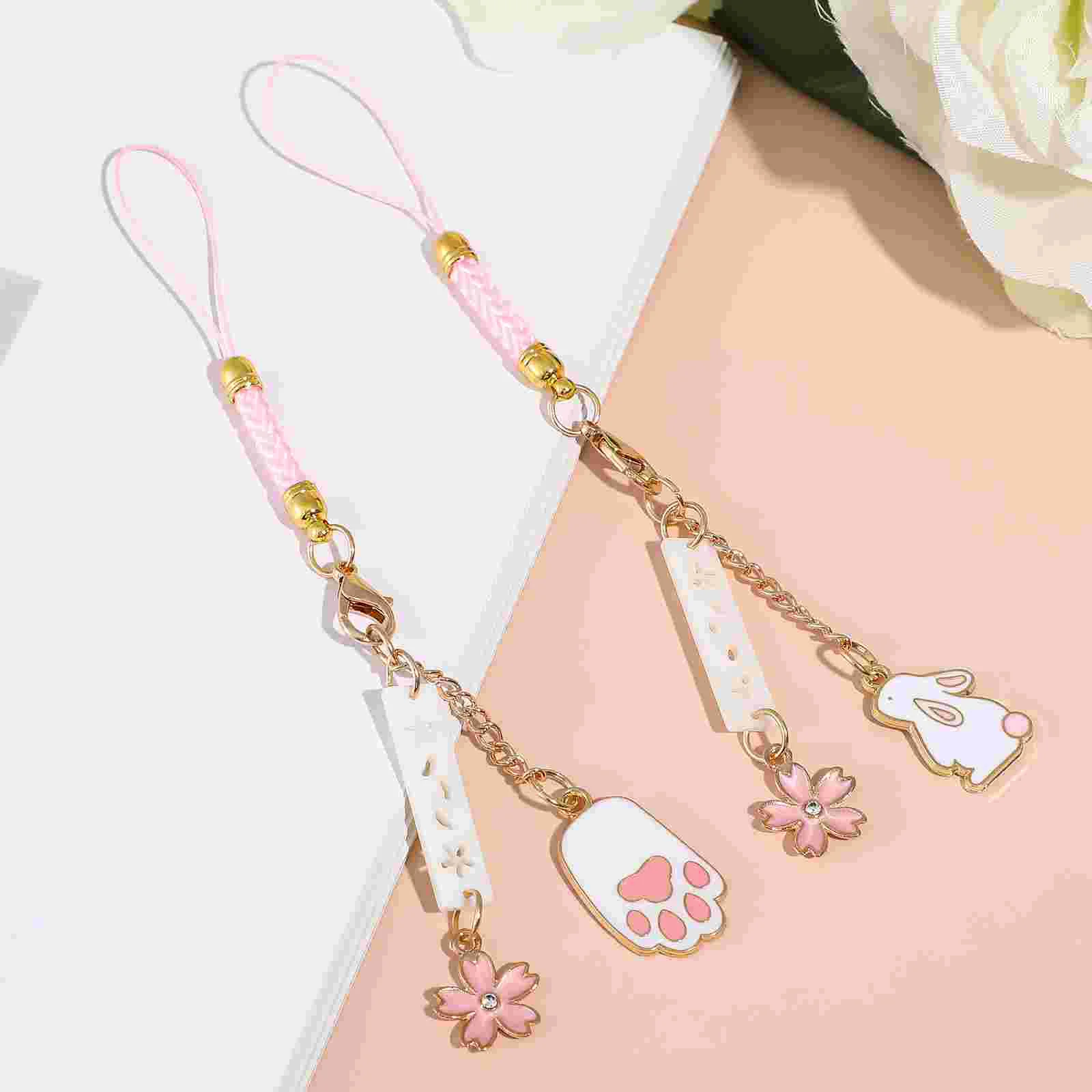 

2 Pcs Cherry Blossom Rabbit Mobile Phone Charm Bracelet Strap Accessories Chain Pendant Lanyards