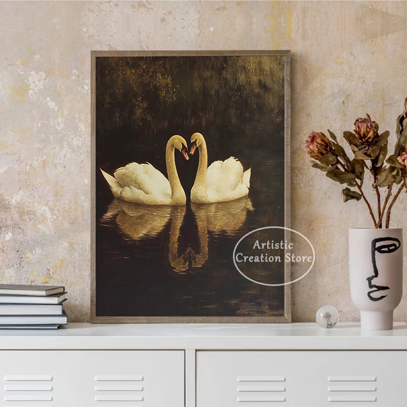 Vintage Swan Prints Victorian Goth Animals Wall Canvas Painting Prints Modern Living Room Art Dark Cottagecore Home Decor Gifts