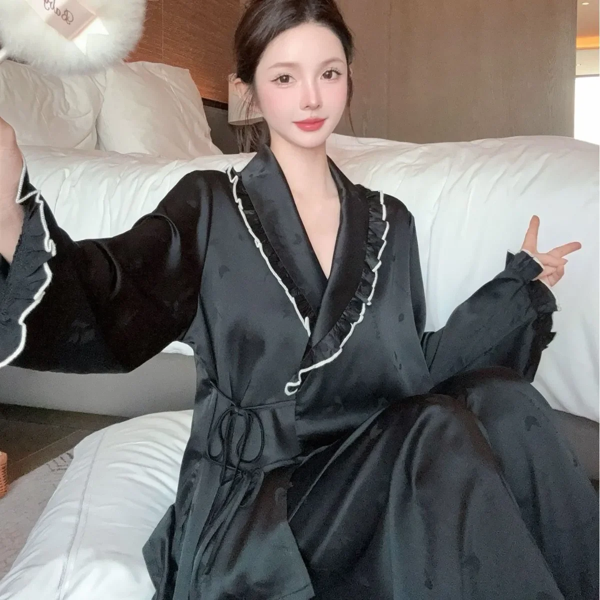 

Женский пижамный комплект из 2 предметов, весенне-осенняя одежда для сна, нижнее белье, атласные брюки с длинными рукавами, домашняя одежда, повседневные пижамы, домашняя одежда