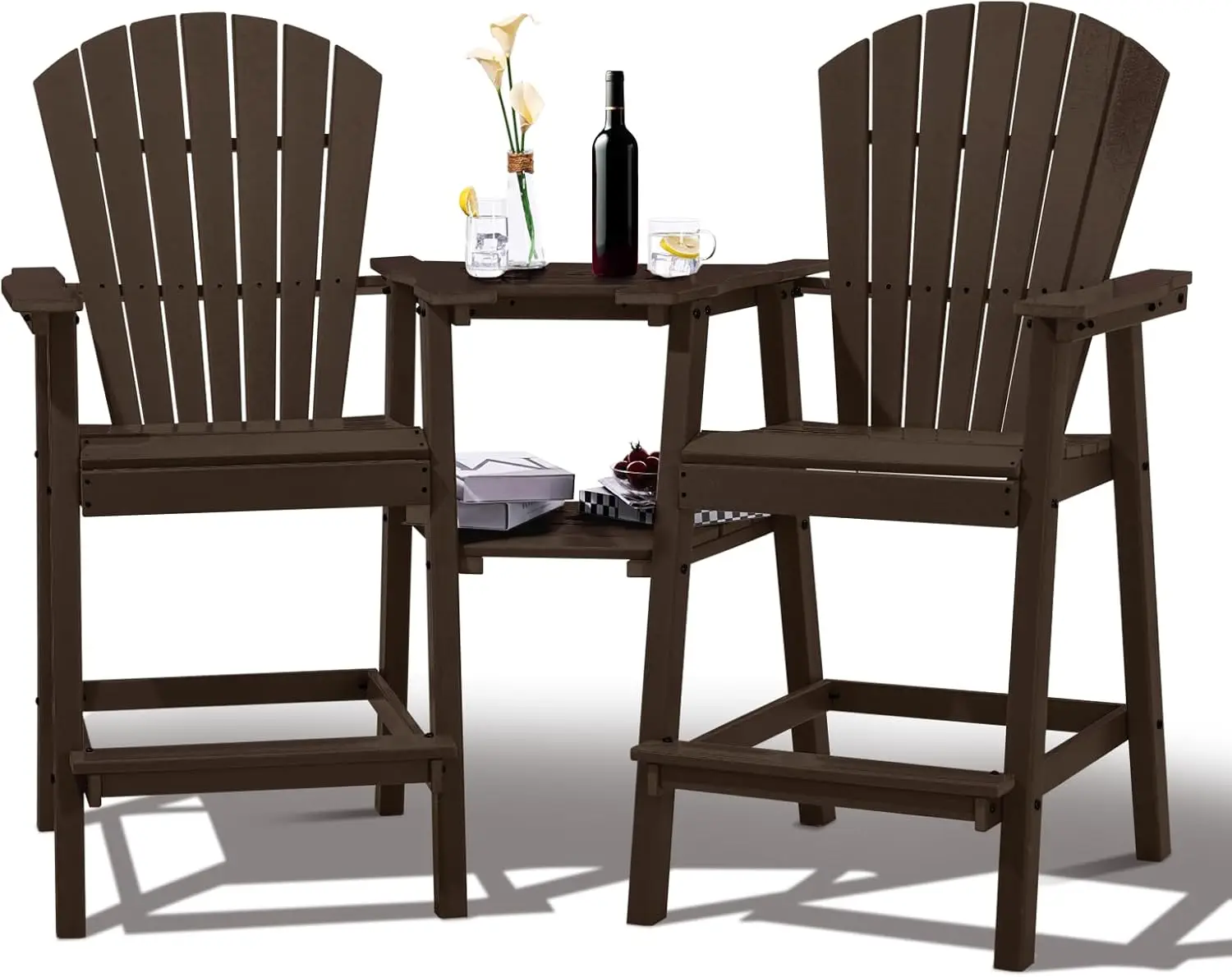 FOOWIN Tall Adirondack Chairs Set of 2,Recycled Poly Balcony Chair with Double Connecting Tray Patio Stools Weather Resistant