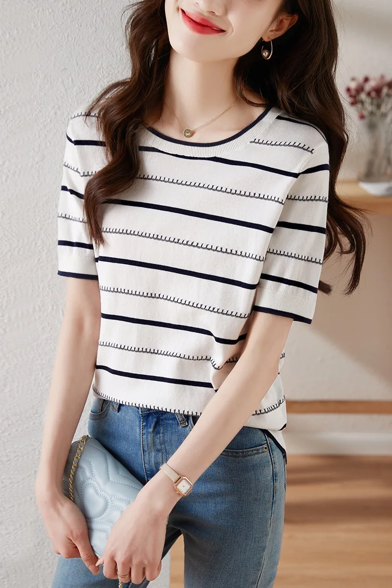 New counter genuine 2023 summer striped short-sleeved T-shirt ice silk knit thin style top