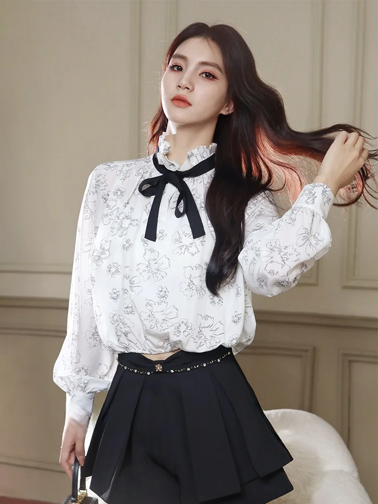 

Ele Floral Print irt Women's Stand Collar Knot Belt Korean Sle Loose Fit Spring 2024 Faion Top