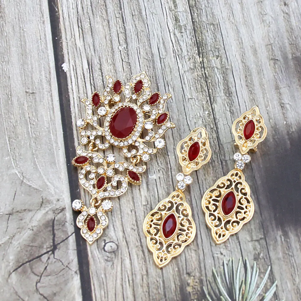 Sunspicems Fashion Morocco Jewelry Earring Brooch Sets For Women Gold Color Arabic Caftan Brooch Bride Earring Wedding Jewelry