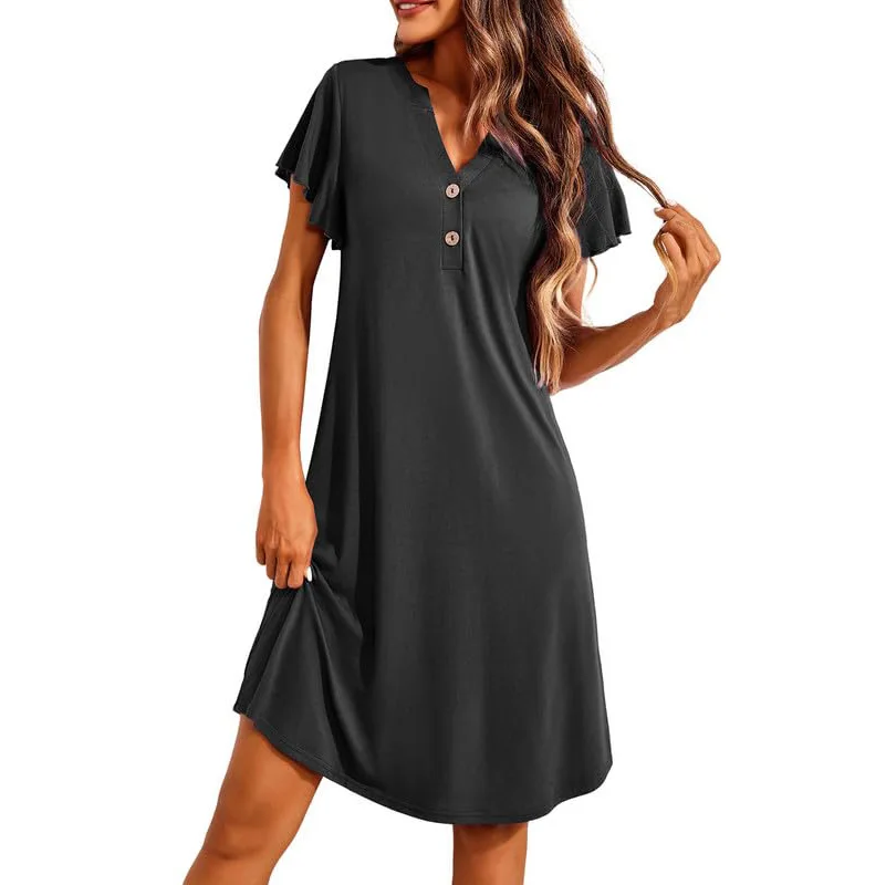 Summer Short Sleeve V Neck Shirt Dress Women Fashionable Home Wear Nightdress Home Cloting Solid Color Dress Comfortable
