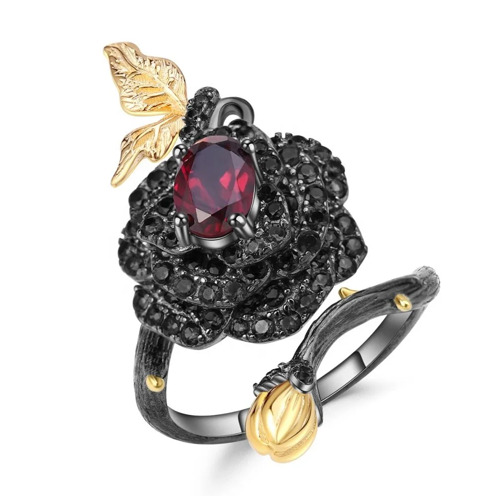 

C7630 Abiding Sterling Silver Party Ring Garnet Stone Rose Flower Ring Adjustable Black Ring for Women