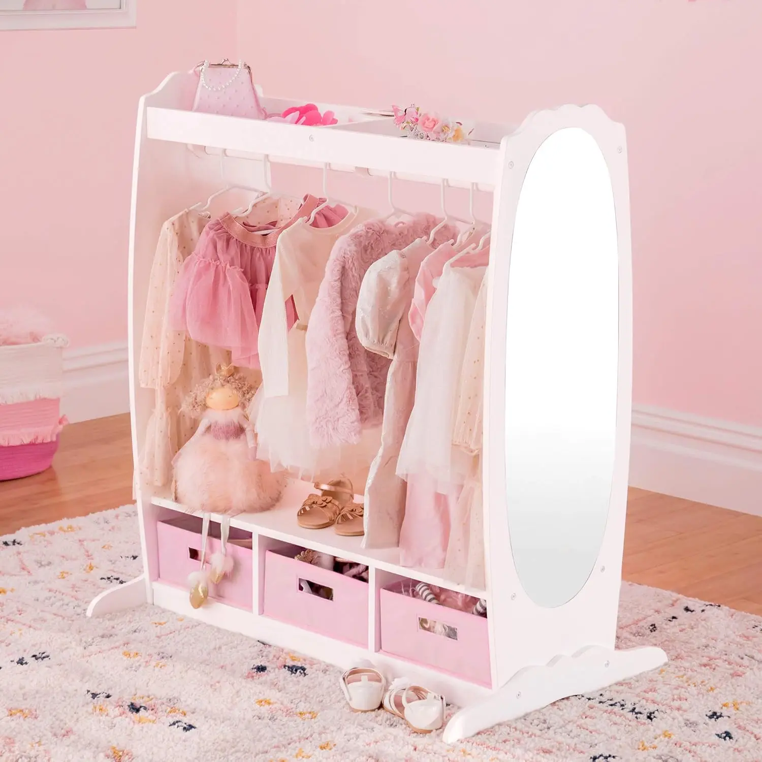 White: Dramatic Play Costume Rack with Mirror and Tray for Toddlers - Kids Armoire, Dresser with Fabric Storage Bins