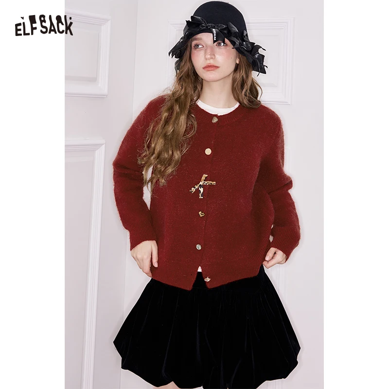 

ELFSACK Y2K Девчачий минималистичный однотонный кардиган с леопардовым бантом и пуговицами для женщин