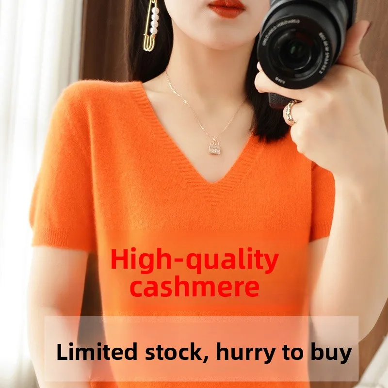

Slim Fit Short Sleeve V-Neck Wool Sweater Women's Summer Thin Knitted Top Korean Style Commute Fashion Regular Sleeve Length
