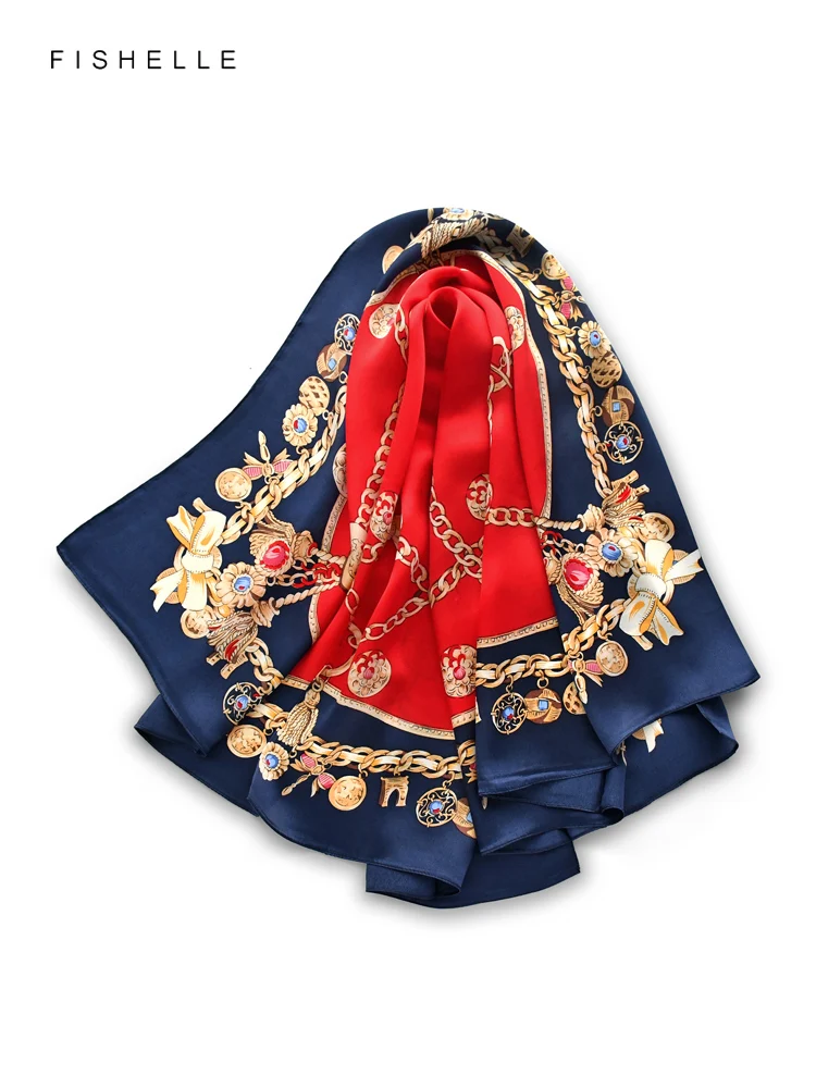 Red chain gemstone 100% natural silk scarf square head scarves luxury gift women wrap bandana hijab shawl 90cm neckerchief