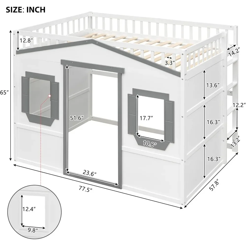 House Loft Bed Full Size Kids Playhouse bed,Solid Wood Loft Bed Frame with Window and Ladder,for Girls Boys Full Size White+Gray