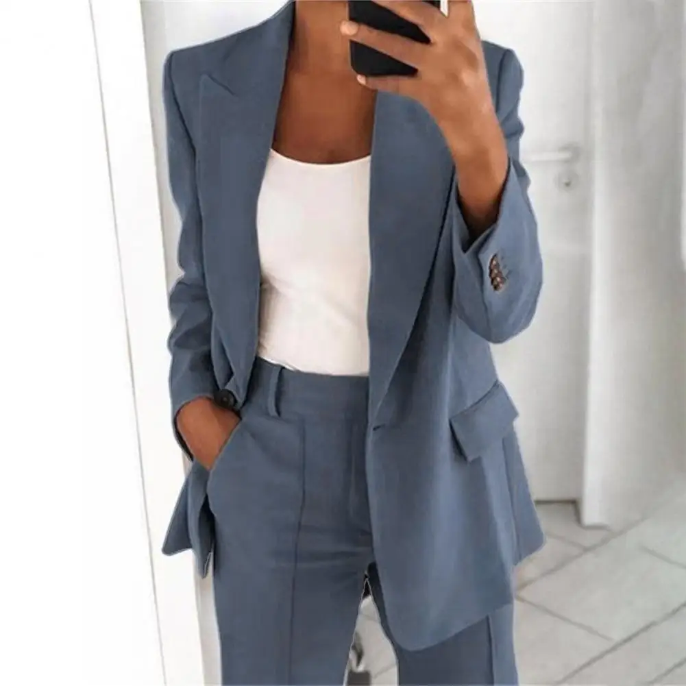 2Pcs/Set Women Lapel Long Sleeve Blazer High Waist Straight Wide Leg Long Pants Set One Button Pockets Coats Solid Work Suits