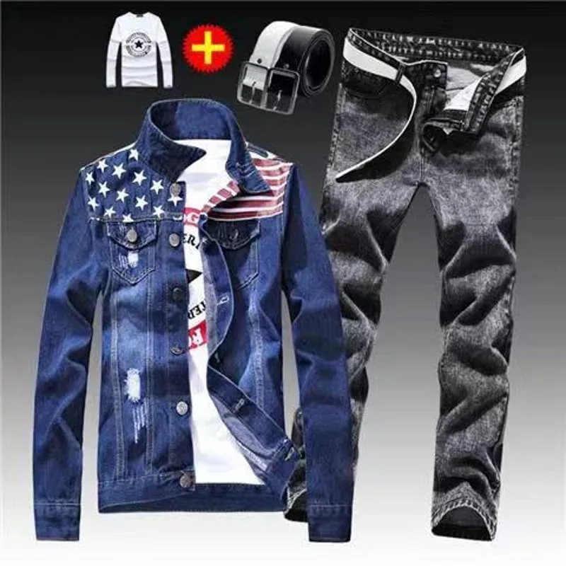 Men Denim Set Hip Hop New Spring Autumn Men\'s Denim Jacket Holes Single Breasted Coat Jeans Pants Suit