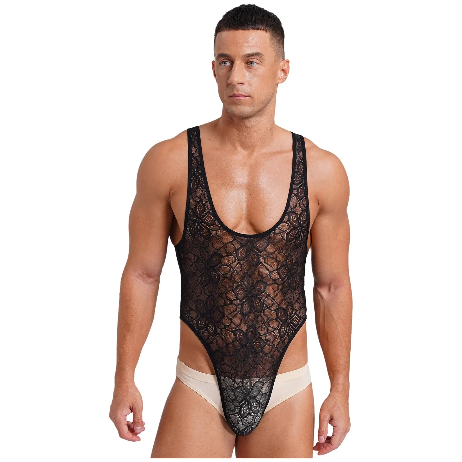 Medias Gay Sissy para hombre, lencería, Tops para el cuerpo, mono transparente con patrón de una pieza, cuello redondo profundo, ropa ajustada