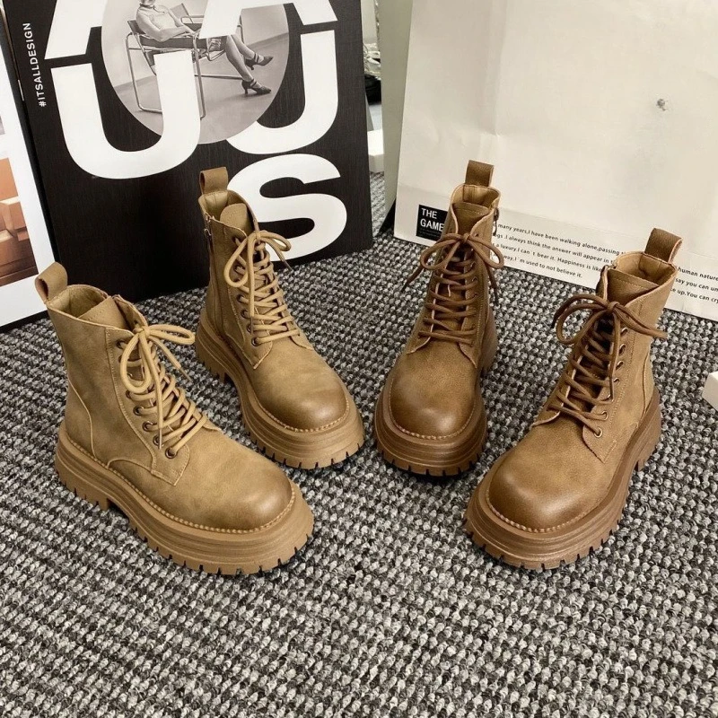 

Faionable Retro Leather Boots Women's Autumn Winter New Workwear Large Yellow Ankles Boot Mid-Calf Boot for Woman