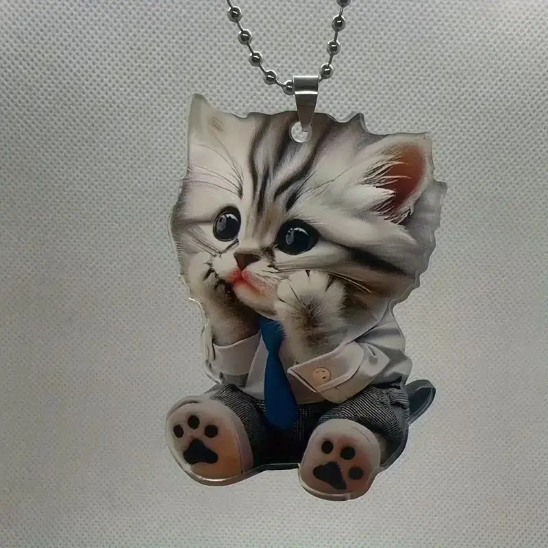 Realistic Animal Cat-Shaped Rearview Mirror Hanging Decor Car Pendant Hanging Ornament With Chain Car Interior Accessories