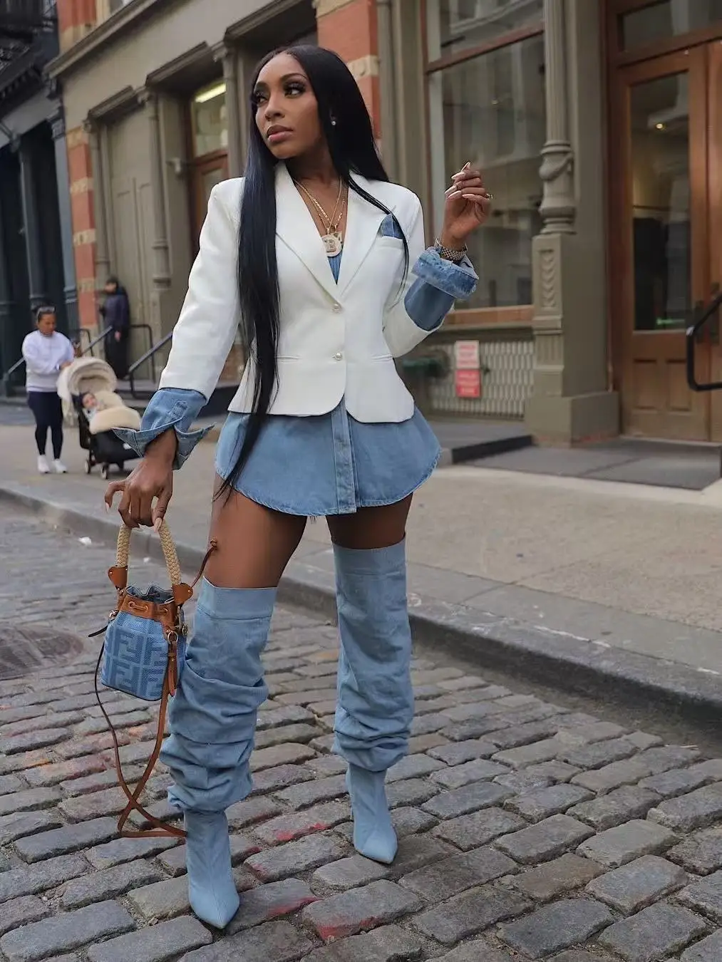 Women Jackets  Fall Winter Fashion Long Sleeve Patchwork Denim Suit Jackets Streetwea Lady Casual Color Block Coat Blazer