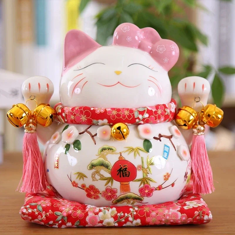 Japanese Ceramic Maneki Neko Lucky Cat Statue Porcelain Pink Fortune Cat Money Box Auspicious Fengshui Ornament Home Decoration