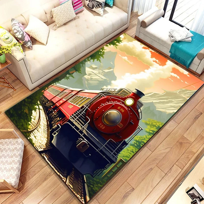 3D Anime Train Large Area Rug Cartoon Carpet for Home Living Room Bedroom Kitchen Bathroom Door Mat Kids Play Non-slip Floor Mat
