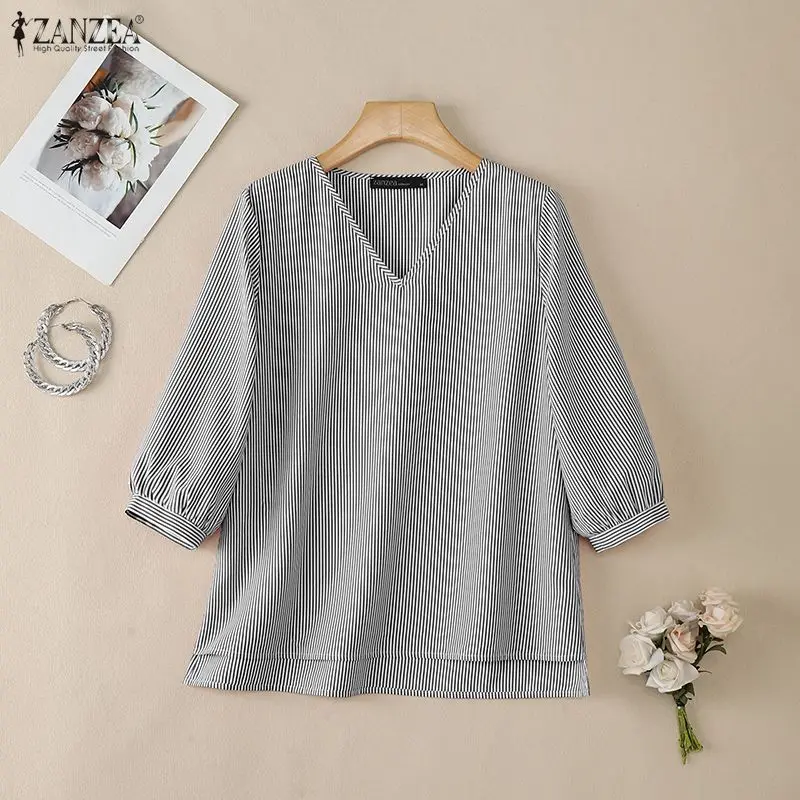 

Woman Casual Striped High-Low Blouses V-Neck 3/4 Puff Sleeve Day Wear Tops ZANZEA Spring Summer Minimalist Blusas de Mujer
