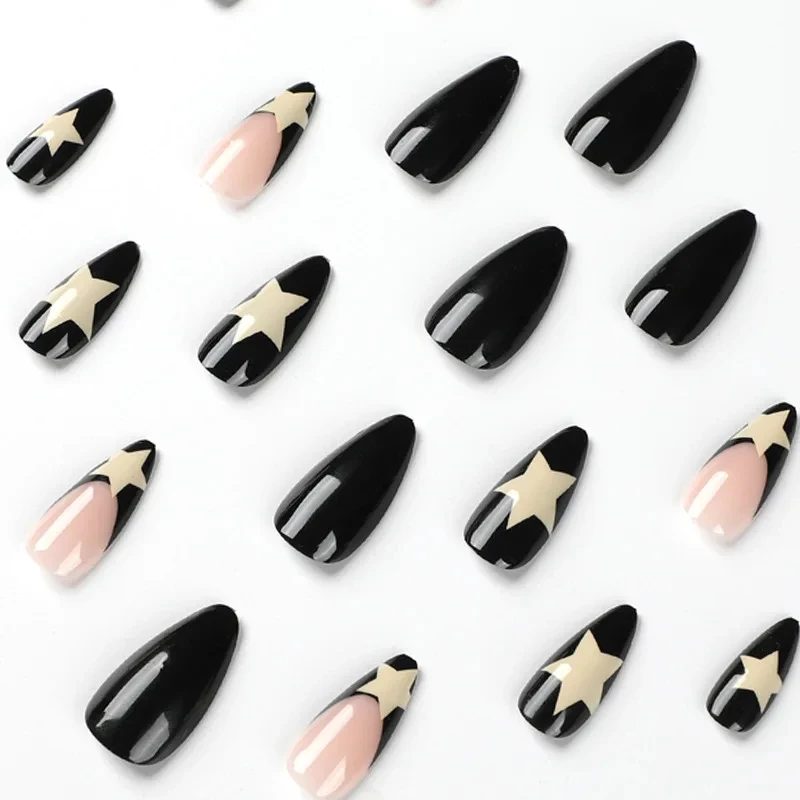 24 uñas postizas largas francesas con borde negro y estrellas, incluye 1 gel jelly y 1 lima 3