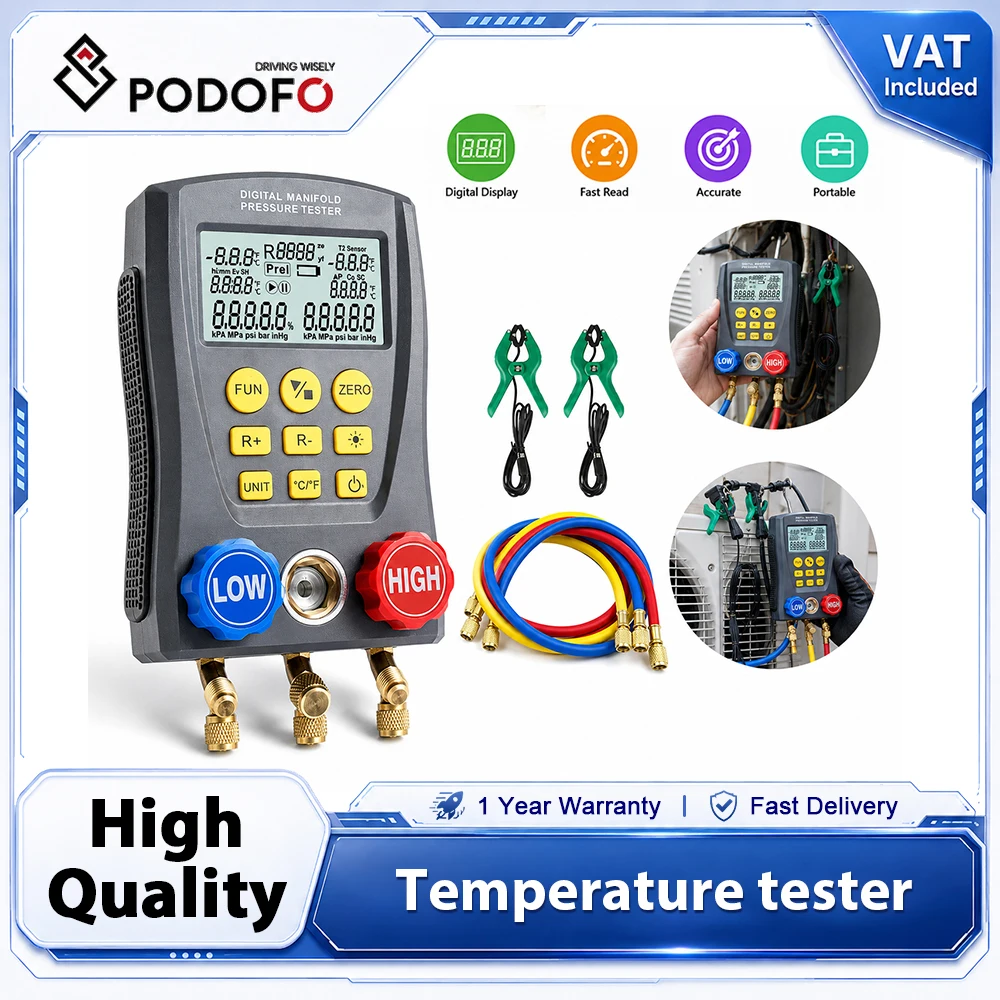 Podofo Ensemble de manomètres numériques pour climatisation, testeur de pression de réfrigérant, thermomètre de vide avec double mesure de pression et de température, base de données de réfrigérant intégrée pour l'entretien et le diagnostic des systèmes de climatisation et de stockage frigorifique