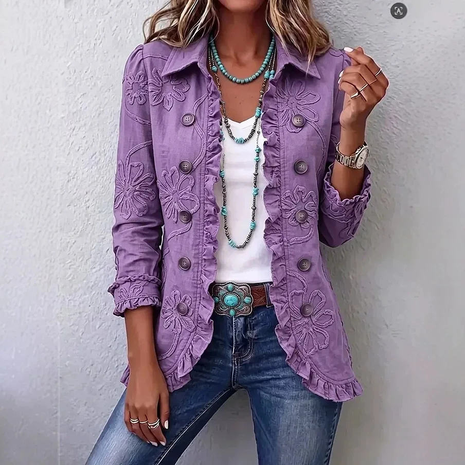 Coats Women Casual Jacket Full Sleeve Double Breasted Turn Down Collar Jackets Print Ruffles Autumn Y2k Streetwear Slim Fit 2026