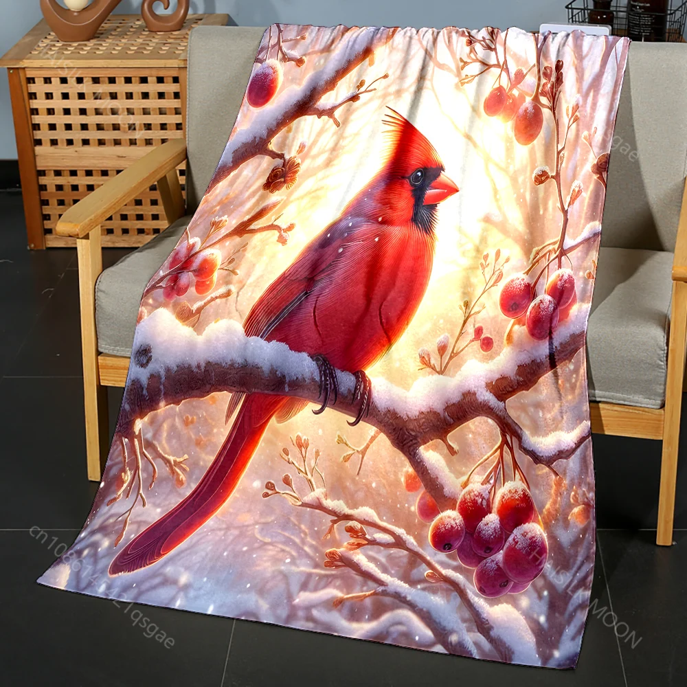 Red cardinal on snowy branch pattern Blanket Flannel Material Soft Warm for All Seasons, Home Outdoor Camping Picnics RV