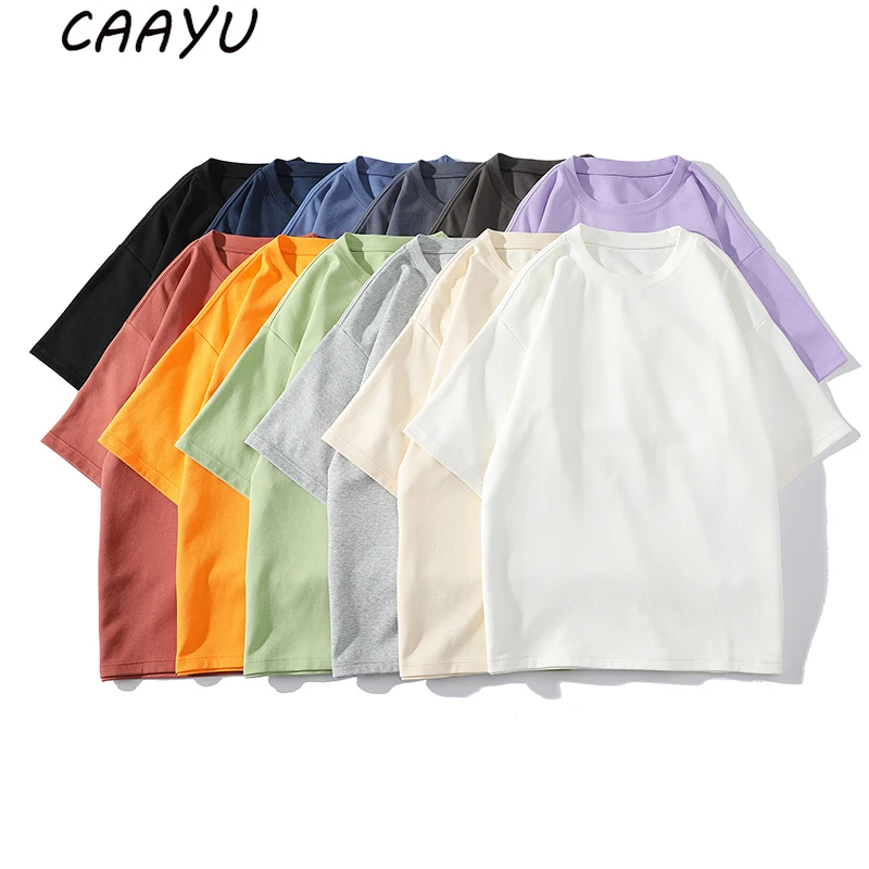 CAAYU Men's Short Sleeves 300g Cotton Solid Round High Quality T-shirt Summer New Casual Slim Fit Plain Large Size T-shirt Male