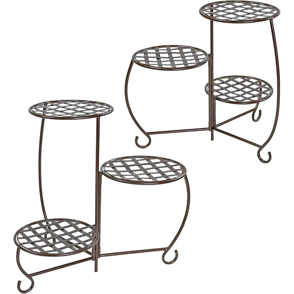 

Indoor or Outdoor Plant Stand for Potted Plants - 3-Tier Checkered Design - Set of 2 - Bronze