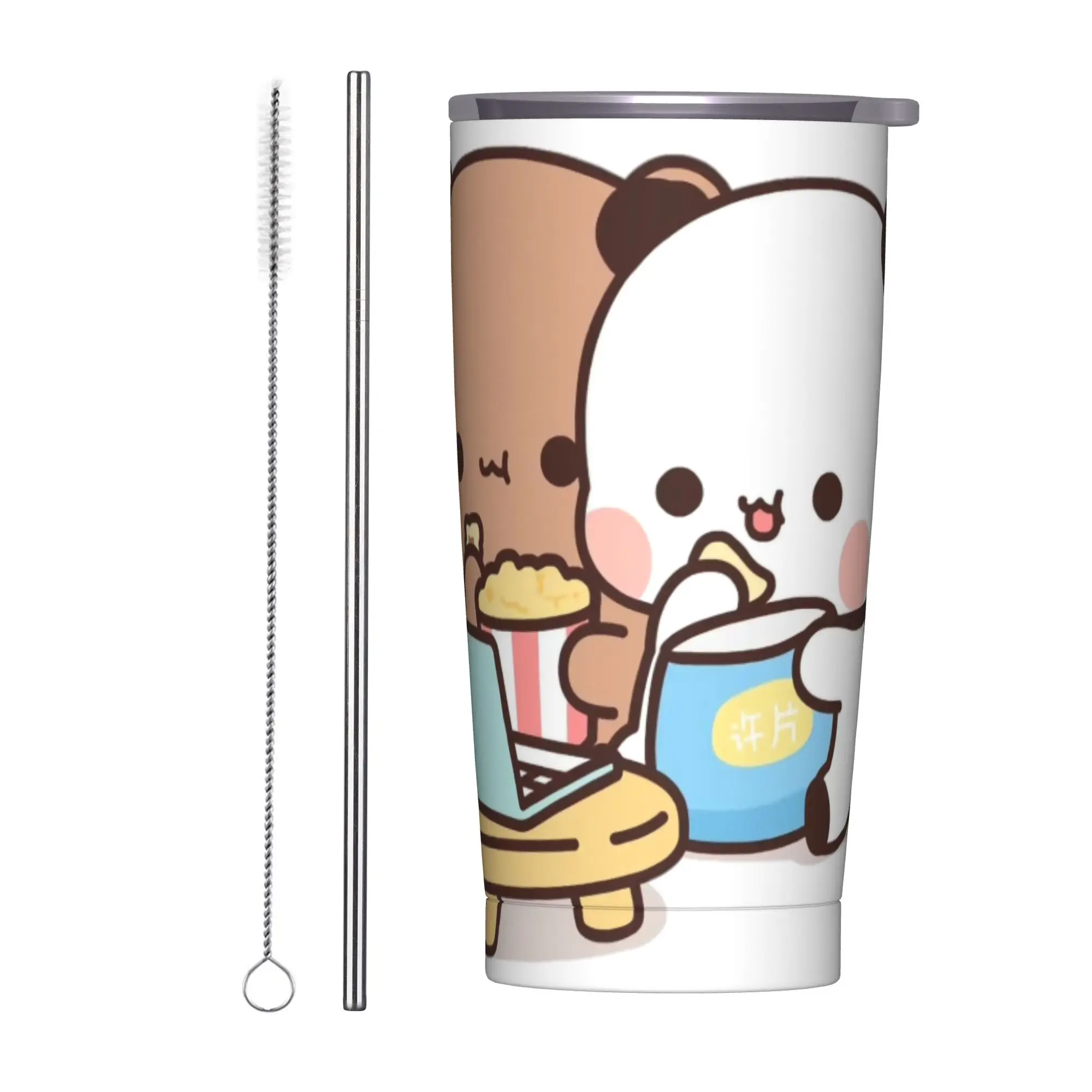 Vaso Térmico de Pareja Bubu Dudu Panda y Brownie Bear, Taza de Doble Pared con Aislamiento al Vacío, con Tapa y Pajita Antiderrames, Botella de 20 oz