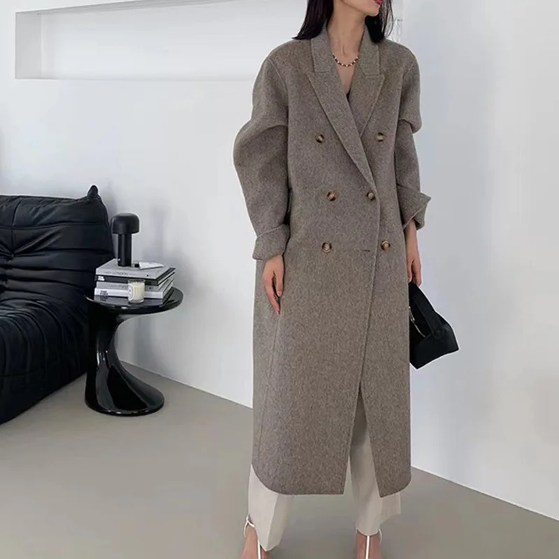 2023 Autumn Women Drouble Breasted Woolen Coat Turn Down Collar Cashmere Winter Clothes Long Coats Tops New