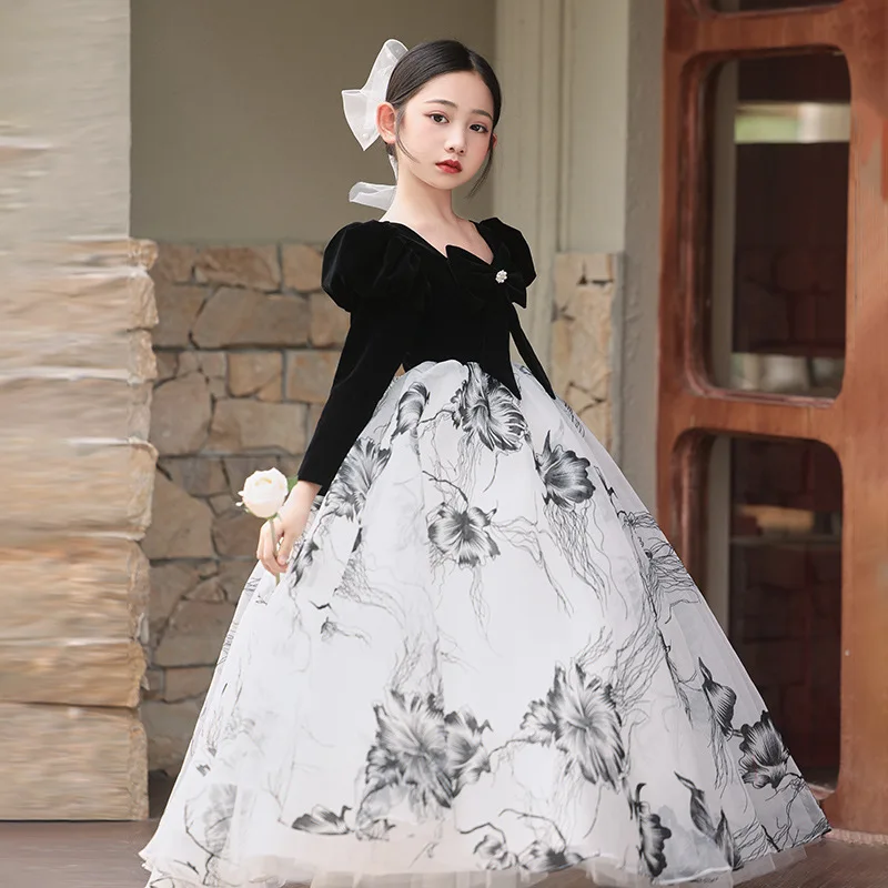 Girls' dress light luxury niche high-end princess dress Autumn winter children's host piano performance costume black