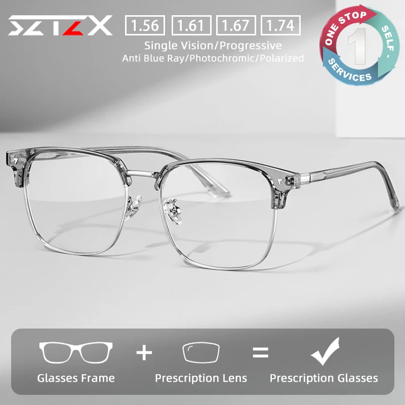 

SZTZX Fashion Commuter Half Frame Prescription Myopia Glasses Men Women Reading Glasses Anti Blue Light Progressive Glasses