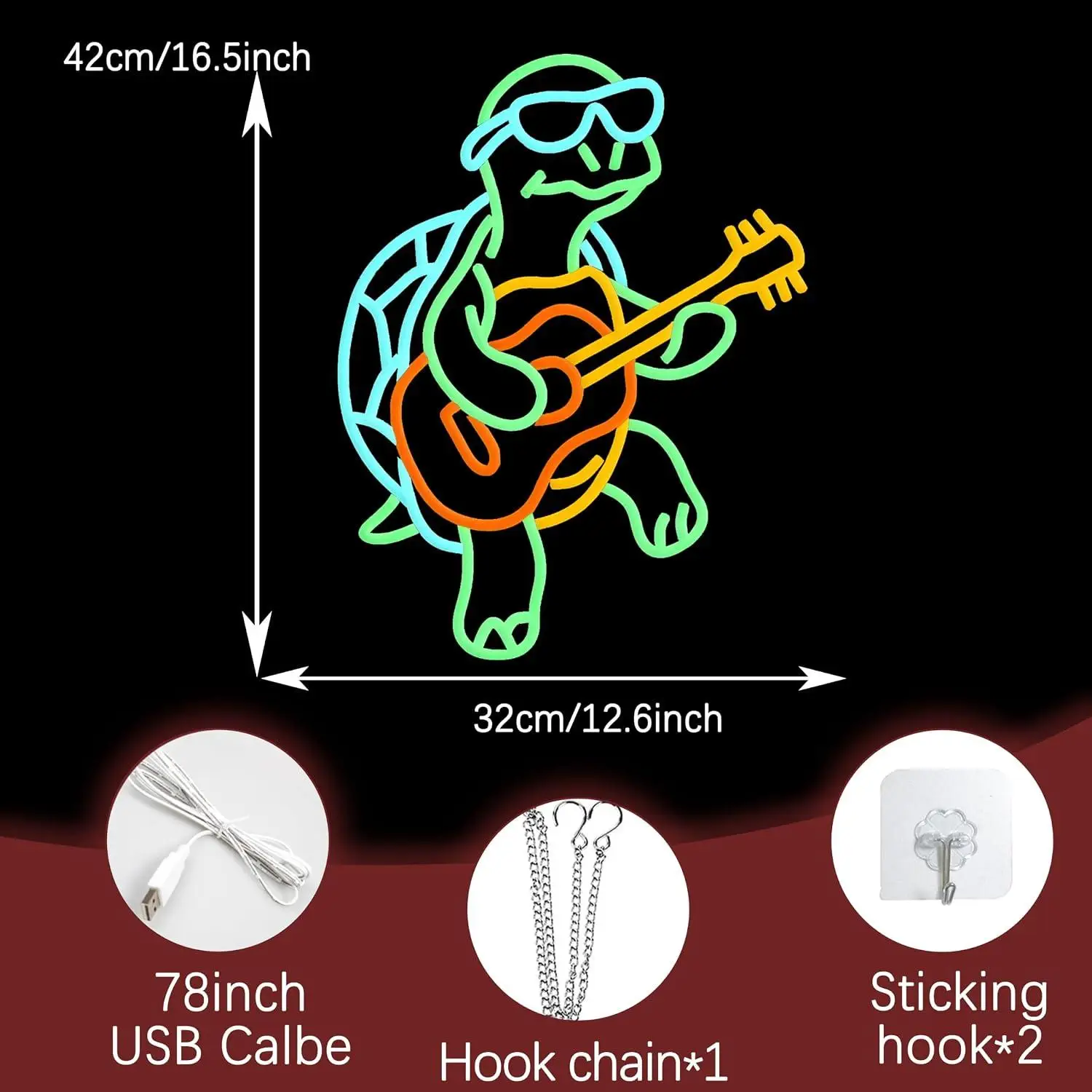 Guitar Turtle Neon Sign USB Dimmable LED Neon Light for Music Studio Bar Party Man Cave Music Theme Neon Wall Art Creative Gifts